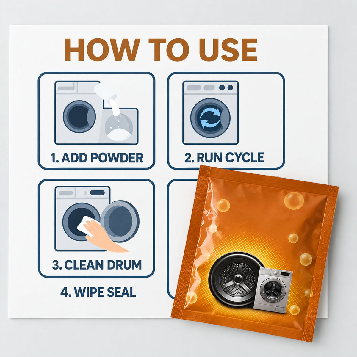 A white instruction card titled 'HOW TO USE' with four steps, next to an orange powder sachet.