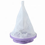 A single purple and white floating lint mesh bag on a white background.