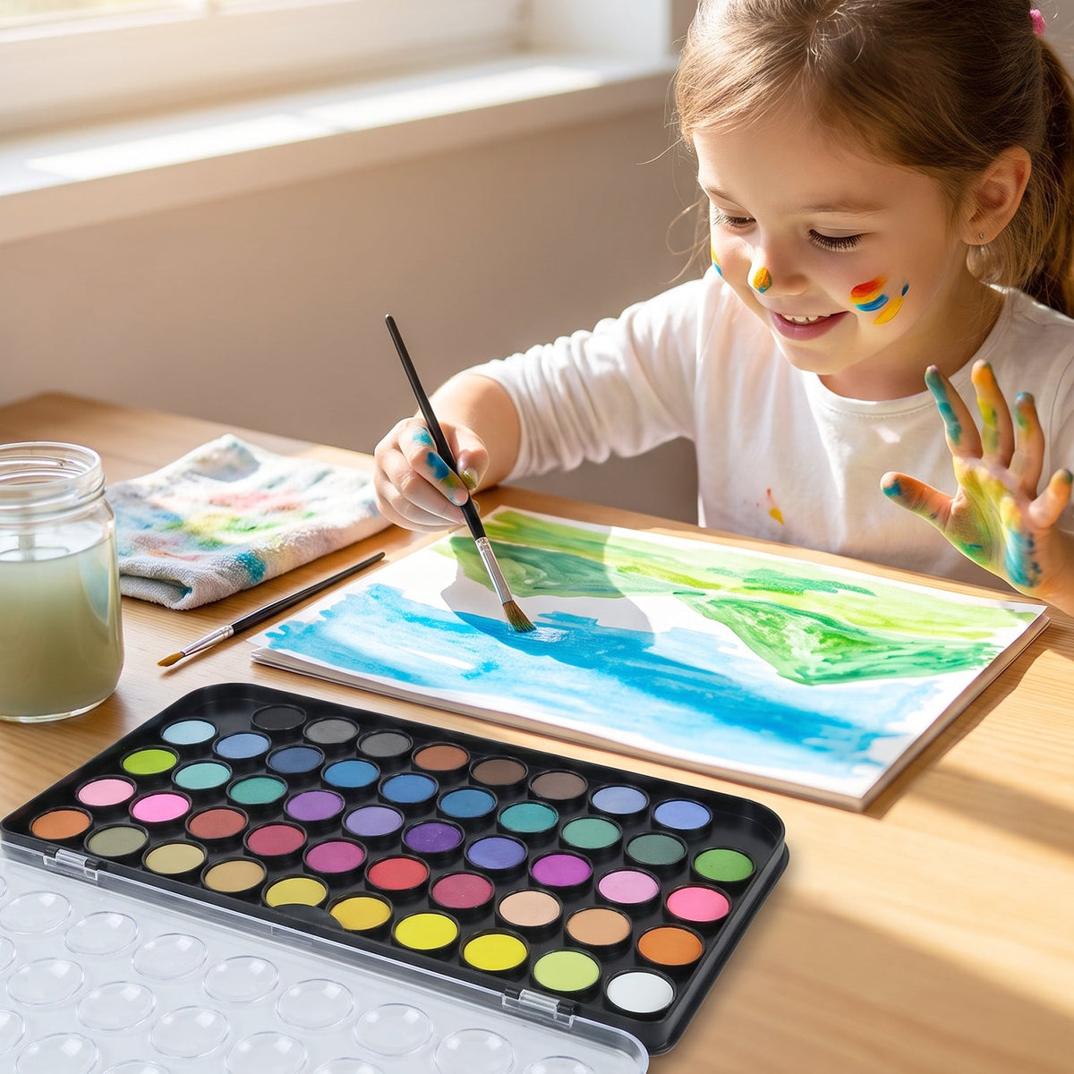 A young girl with paint on her face and hands smiles while painting with a 48-color watercolor set.