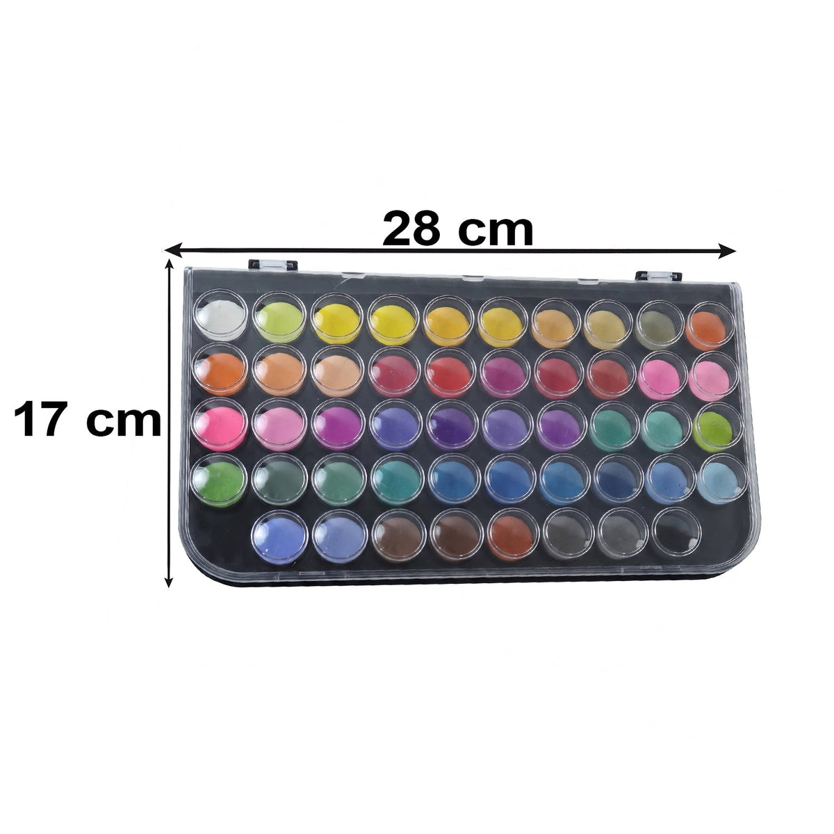 A black case with 48 colorful solid watercolors, showing dimensions of 28 cm by 17 cm.