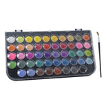 A black case containing 48 round, colorful solid watercolor paints and a single black paintbrush.