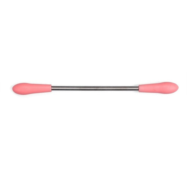 A pink and silver facial hair remover stick with pink handles on a white background.