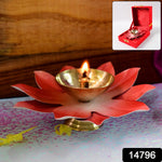 Close-up of lotus shaped brass oil diya showing polished brass bowl