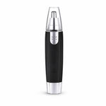 A black and silver nose hair trimmer with a clear cap stands upright on a white background.