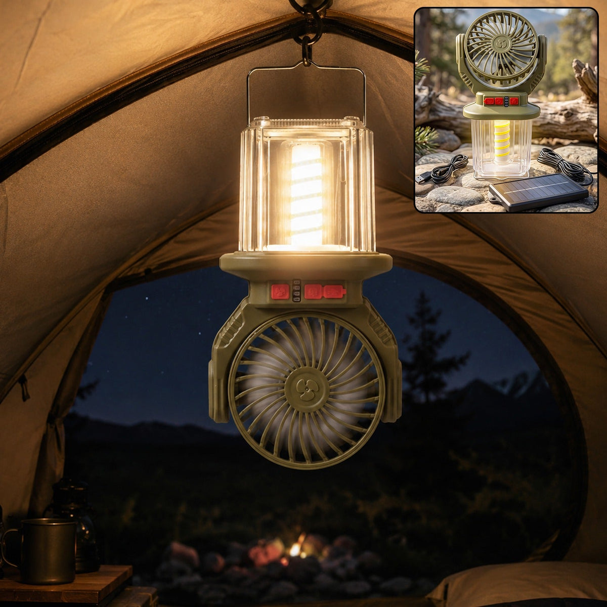 2 In 1 Solar Rechargeable Camping Fan with LED Lantern Light Portable