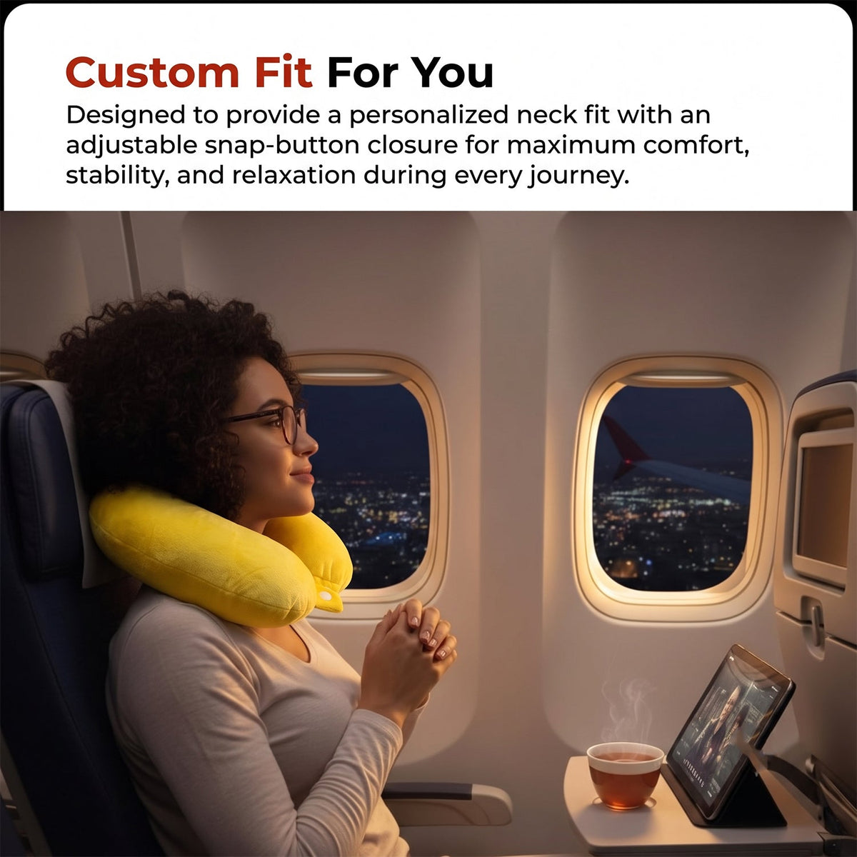 A woman with glasses relaxes on an airplane at night, wearing a yellow neck pillow and looking out the window.