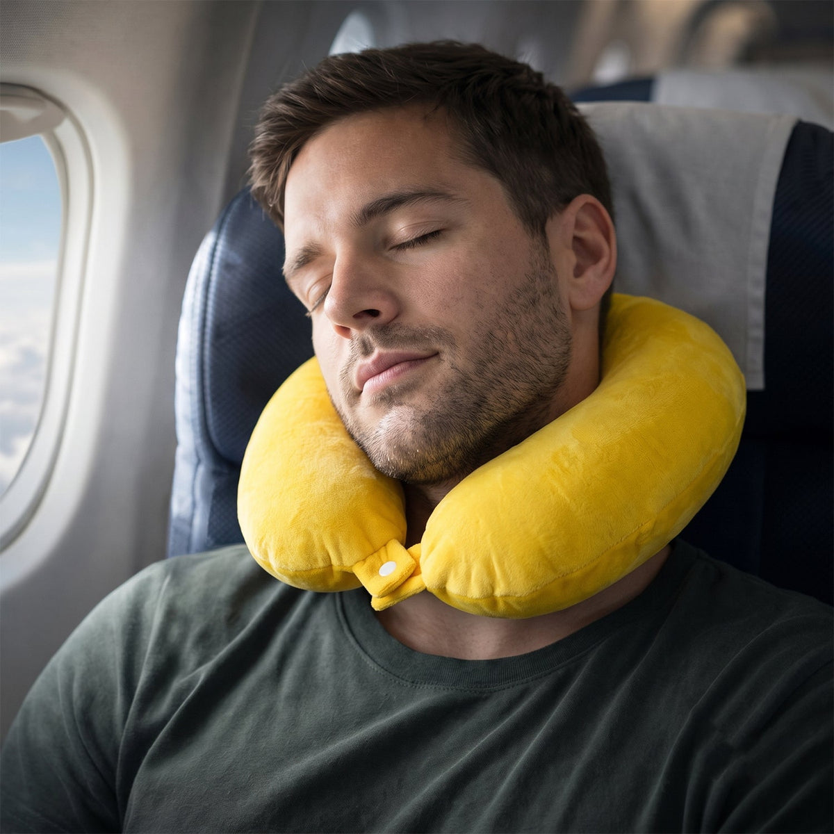 A man rests on an airplane seat, wearing a yellow U-shaped neck pillow with a buttoned closure around his neck.