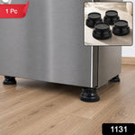 A stainless steel refrigerator stands on four black plastic support legs on a wooden floor, with an inset showing the legs.