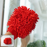 A hand wearing a red microfiber chenille wash glove cleans a window, with a smaller inset showing the glove on a white tiled