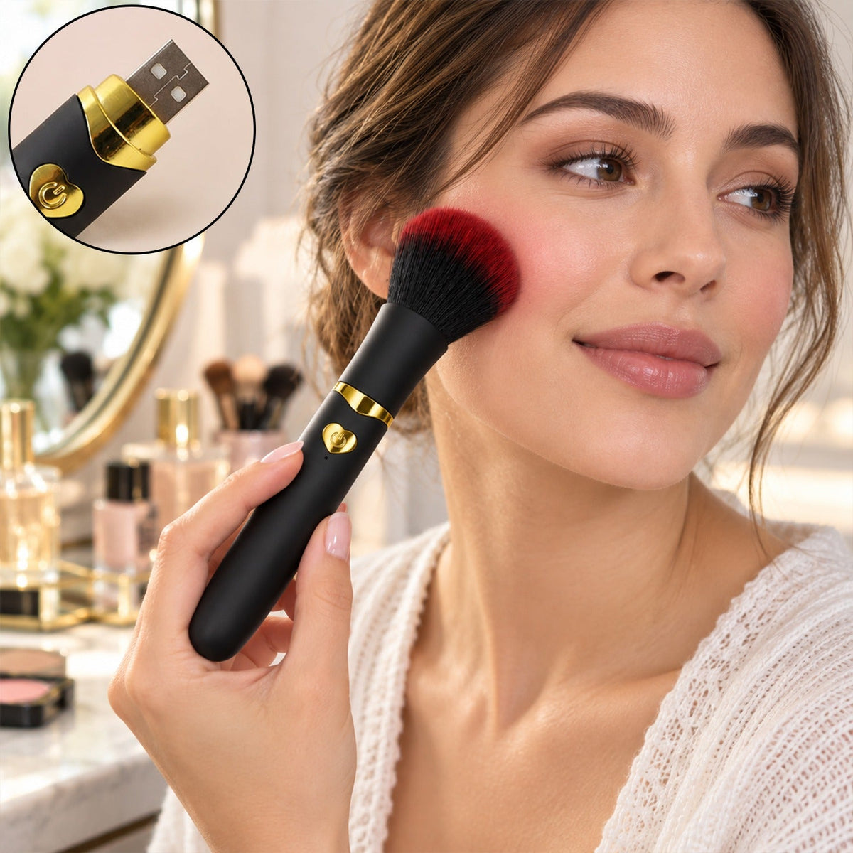 A woman applies makeup to her cheek with a black and red vibrating brush, with a close-up of the USB port.
