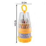 A yellow and clear pocket precision screwdriver set with various bits is shown against a white background, with dimensions