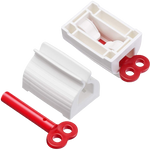 Two white plastic tube squeezers and a detached red winding key are displayed on a white background.