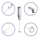 Portable electric milk mixer shown in action, frothing milk.