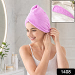 A smiling woman in a white tank top wears a purple microfiber hair wrap, securing it above her ear. A smaller inset shows