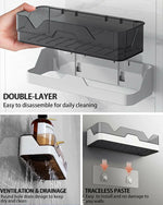 Close-up of adhesive backing on wall mounted plastic storage rack