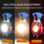 Three versions of the keychain light demonstrate white, warm, and red warming light modes against a gradient background.