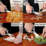 Close-up view of the stainless steel blades and various functions of the kitchen scissor.
