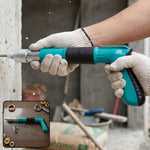 A person wearing white gloves uses a teal and black manual nail gun on a concrete wall, with an inset showing the tool and
