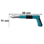 A teal and black manual nail gun is displayed with its dimensions, 30 cm long and 11 cm high, on a white background.
