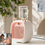 Portable mini air cooler fan front view showing mist spray feature