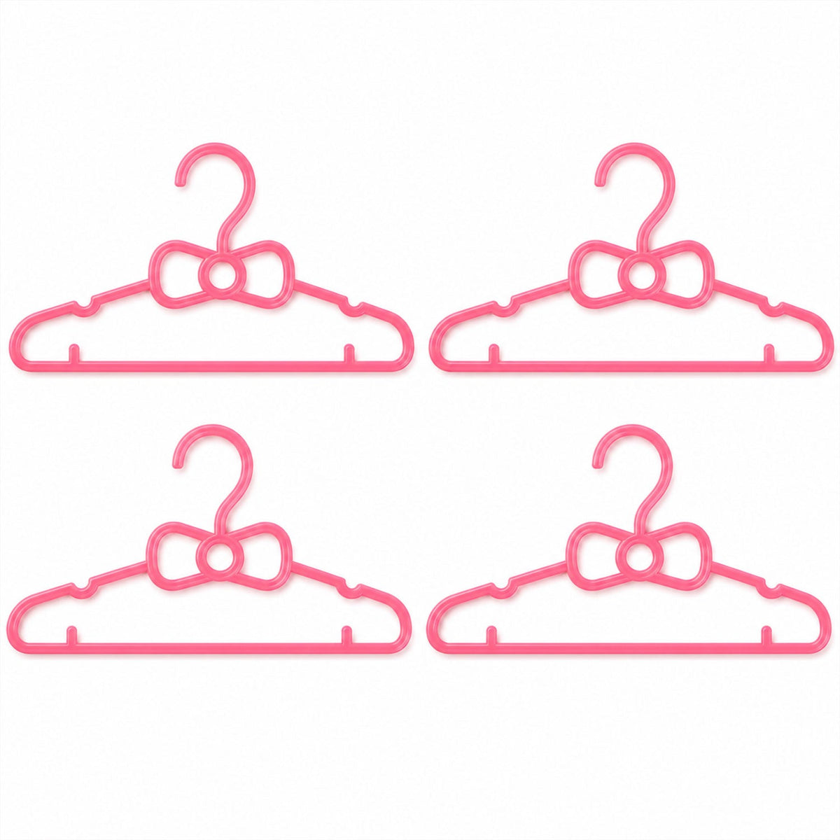 A grid of four pink plastic bow-shaped hangers is displayed against a plain white background.