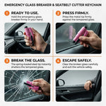 A four-panel infographic shows how to use the pink emergency glass breaker and seatbelt cutter keychain to escape a car.