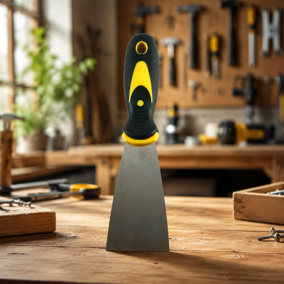 A putty knife with a black and yellow handle stands upright on a wooden workbench with tools in the background.
