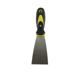 A stainless steel putty knife with a black and yellow ergonomic handle is shown vertically on a white background.