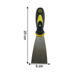 A stainless steel putty knife with a black and yellow handle is shown with dimensions of 20 cm length and 5 cm width.