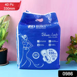 An open pack of sanitary pads showing multiple individually wrapped pads, emphasizing the 40-pack value.