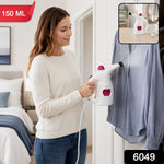 A woman steams a light blue shirt, with a 150ml label and a 6049 code on the image.