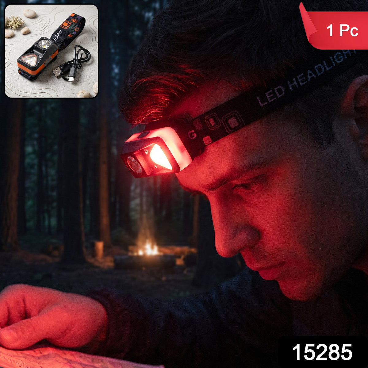 A man wearing an orange and black headlamp with a red light, reading a map in a dark forest with a campfire in the – view 2