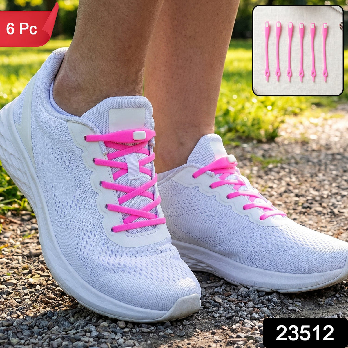 A person wearing white sneakers with bright pink silicone no-tie shoelaces, walking on a gravel path, with a '6 Pc' label