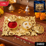 Golden Kankavati Kumkum Holder with Carved Frame and Lids