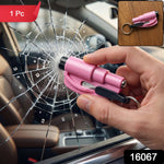 A hand uses a pink emergency tool to shatter a car window, with a "1 Pc" label in the corner and a small inset image.