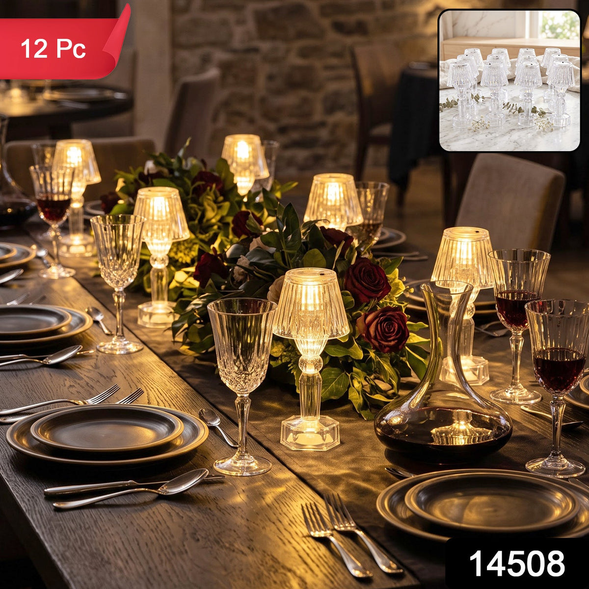 A dining table is adorned with several glowing clear acrylic LED lamps, alongside wine glasses and a decorative floral