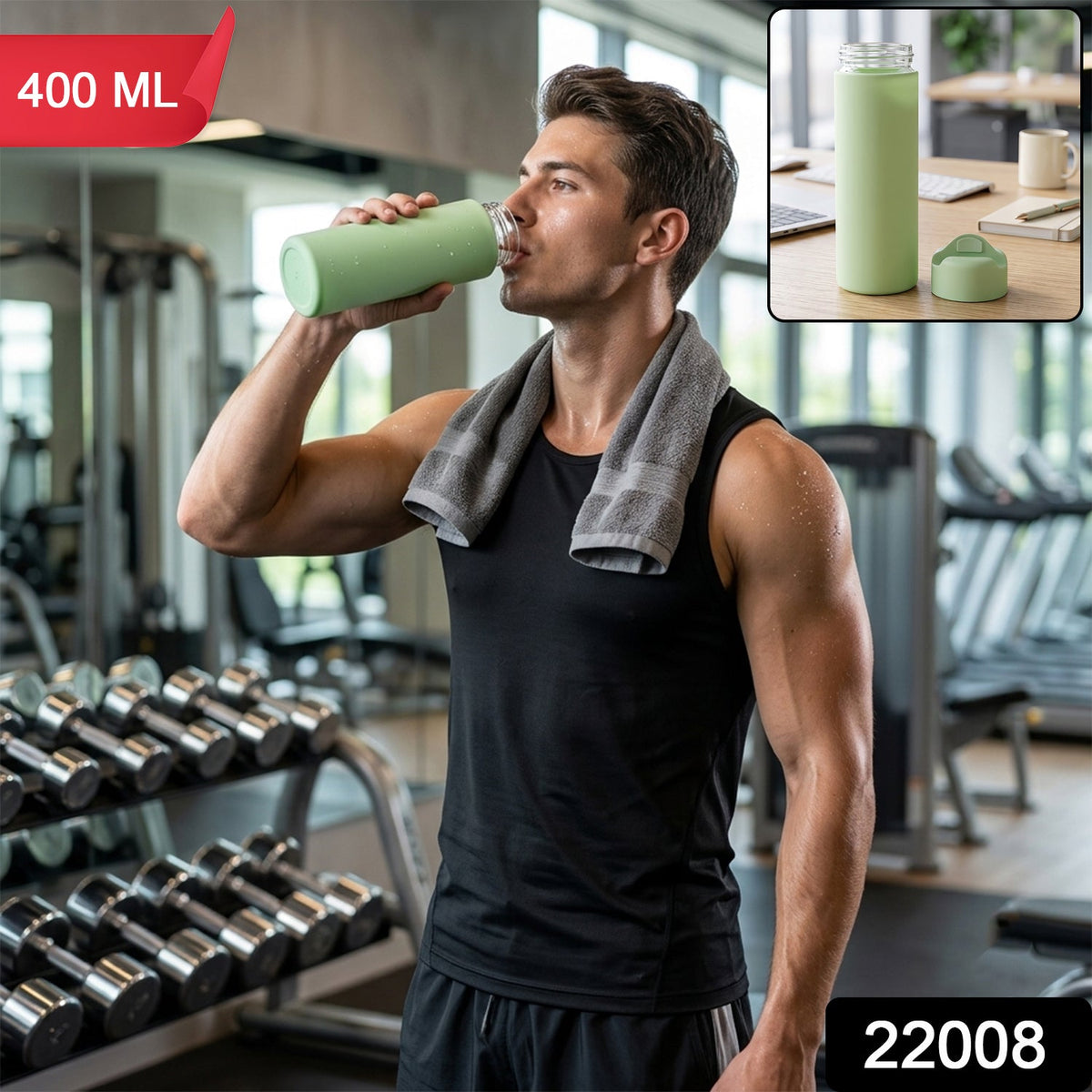 A man in a gym drinking from a light green glass water bottle with a silicone sleeve. Inset shows the bottle on a desk. Red