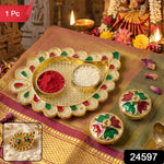 Mango Shape Kumkum Dish with 2 Diya Stands for Puja Thali Decor