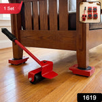 The red furniture lifter and sliders are shown in use under a wooden chair, with a small inset showing the full set.