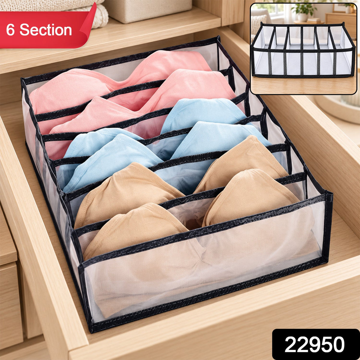 A 6-section drawer organizer filled with pink, blue, and beige bras sits inside a light wooden drawer.