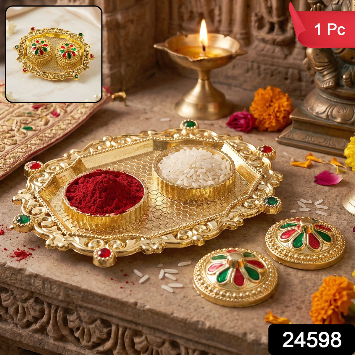 Decorative Golden Kankavati Kumkum Holder with Meenakari Lids