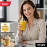 A smiling woman holds a yellow silicone cup with a dome lid and straw, with insets of the cup collapsed and on a desk