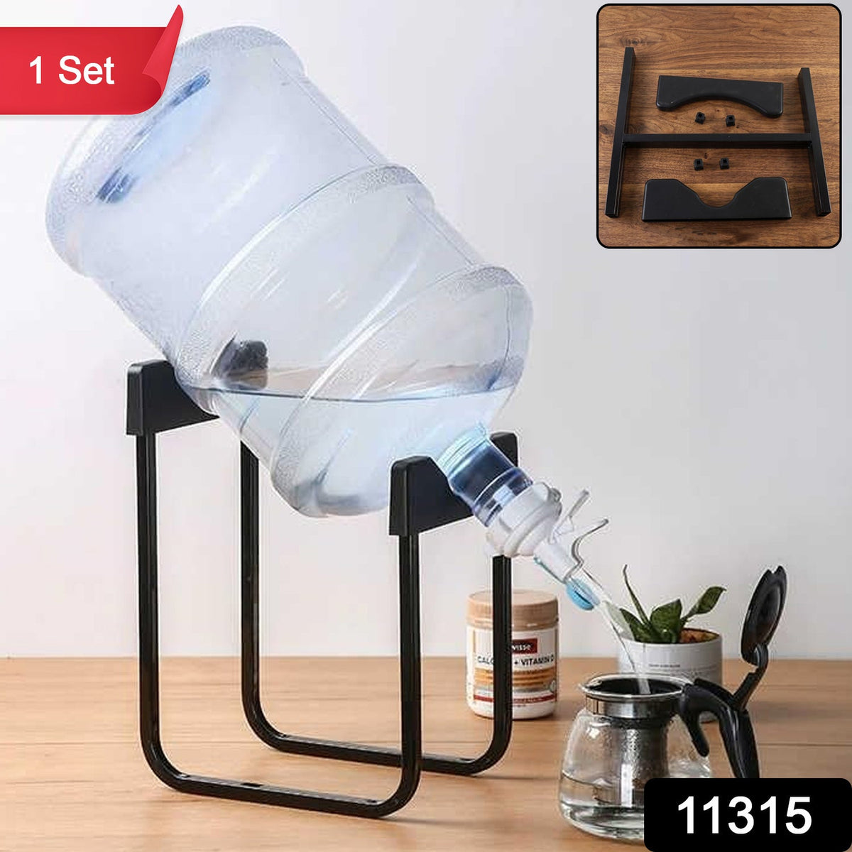 A large clear water bottle sits tilted on a black metal stand, dispensing water into a glass teapot, with a small inset