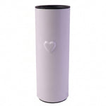 A plain white thermal tumbler with a raised heart design on its surface, featuring a black rim and base.