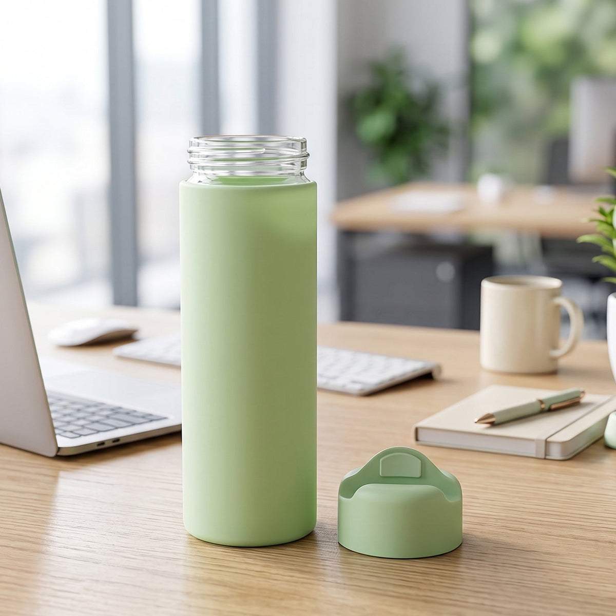 A light green glass water bottle with a silicone sleeve and its detached cap sitting on a wooden desk with a laptop and