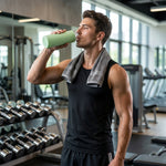 A man in a gym drinking from a light green glass water bottle with a silicone sleeve, with weights in the background.